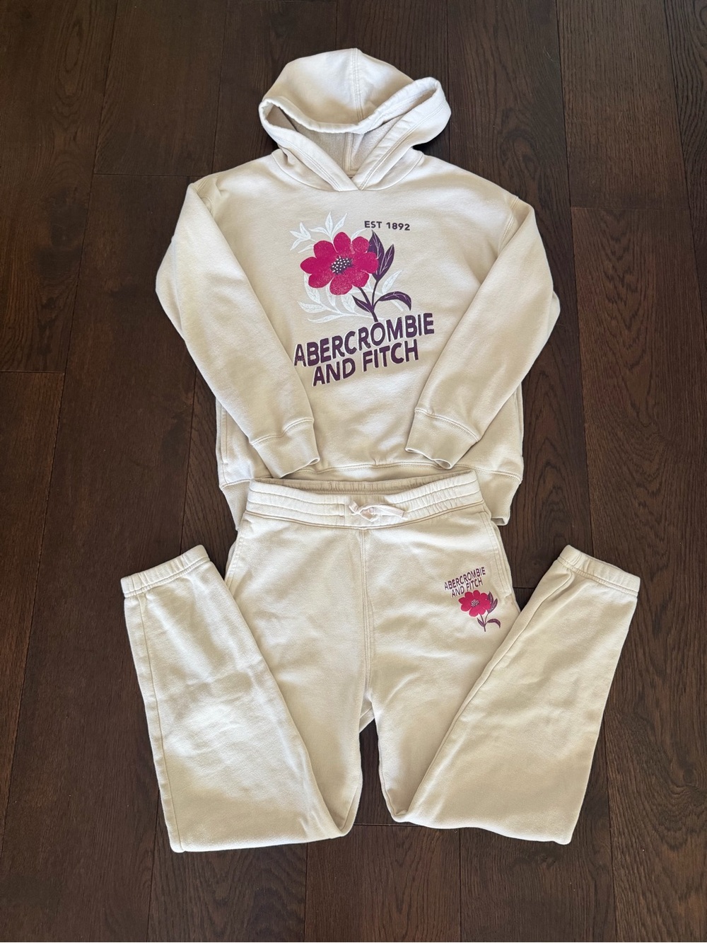 abercrombie kids cream hoodie and joggers with pink floral logo